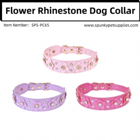 Rhinestones PU Leather Dog Collar Flower